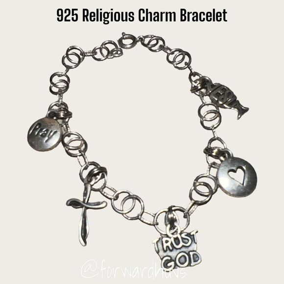 Vintage 925 Silver Religious Charm Bracelet with 5 Charms - SJC Marked - Picture 7 of 10
